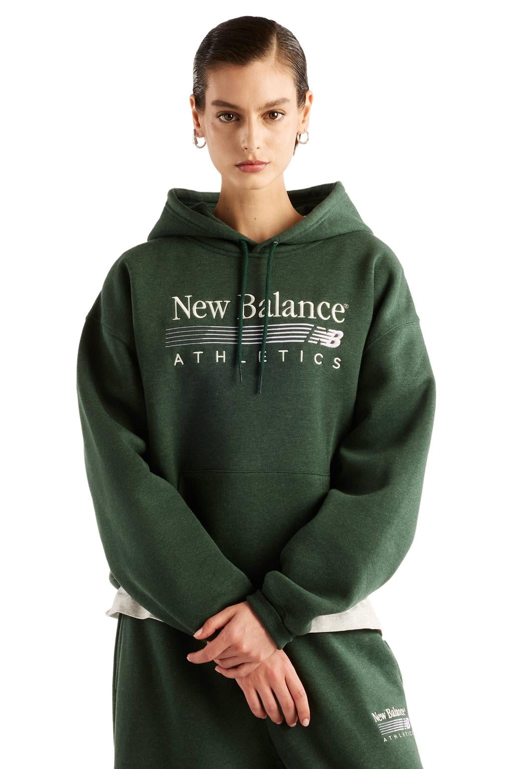 Donkergroene dames New Balance hoodie van katoen met logo dessin, lange mouwen en capuchon