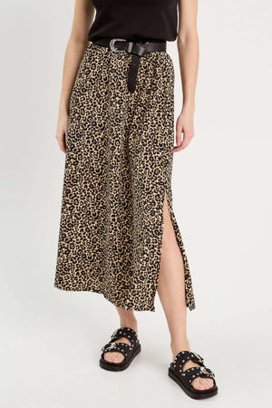 midi rok met split en panterprint - beige