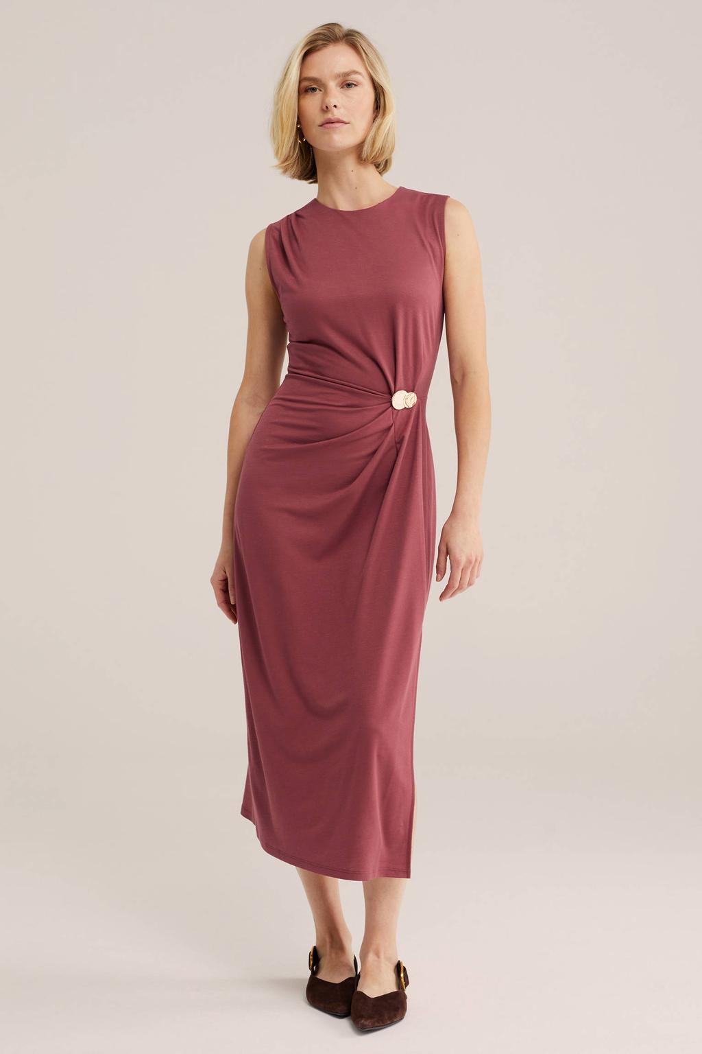 Oudroze dames WE Fashion jurk van jersey met effen, ronde hals en knoopdetail