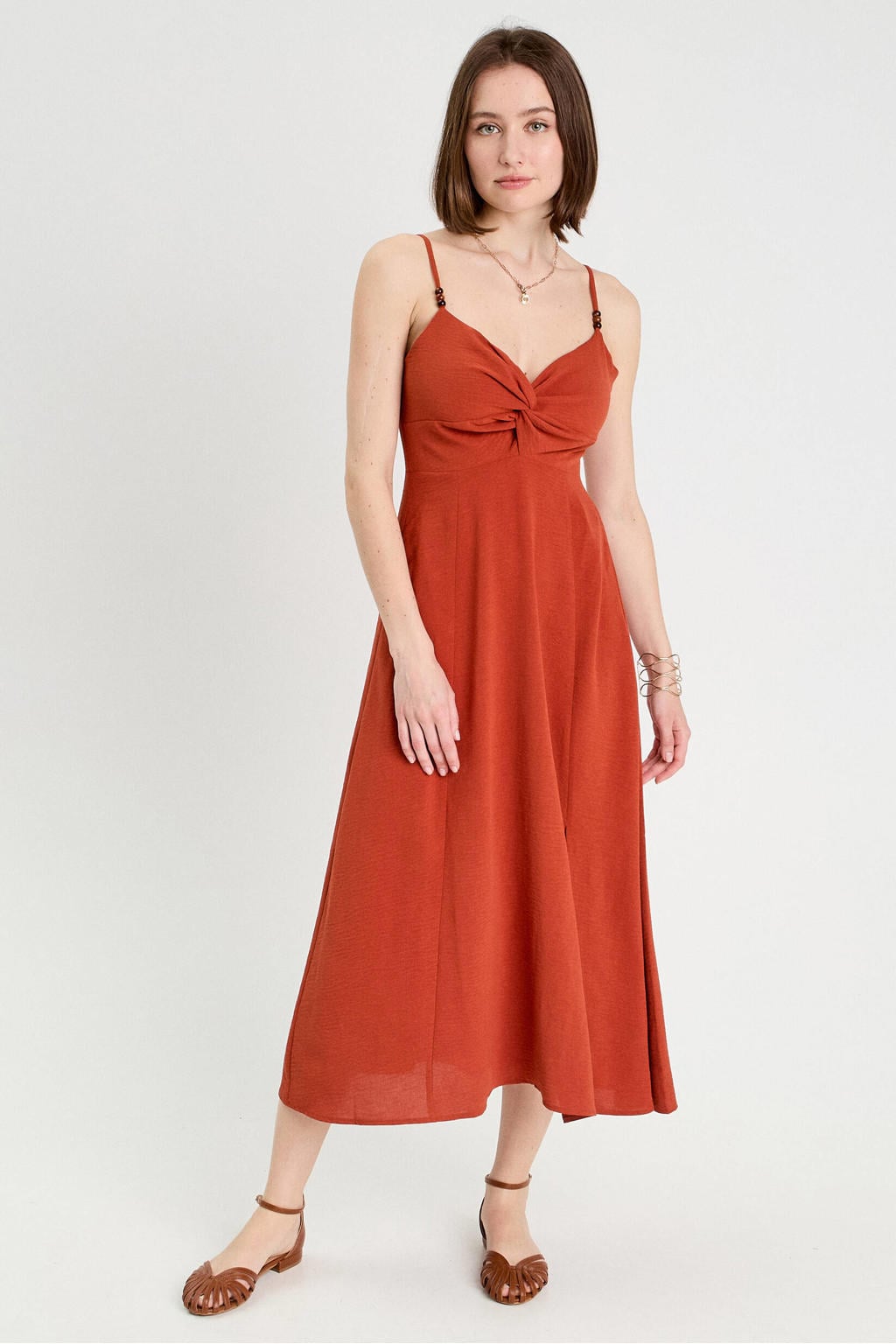 Donker oranje dames Cache Cache midi zomerjurk donkeroranje van polyester met effen, spaghettibandjes en V-hals
