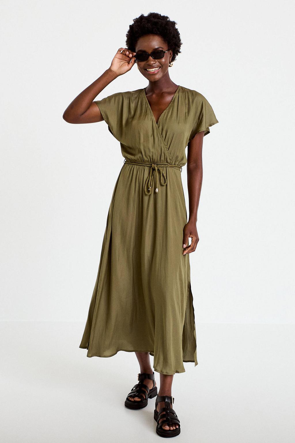 Groene dames Cache Cache midi jurk van katoen met effen, korte mouwen en V-hals