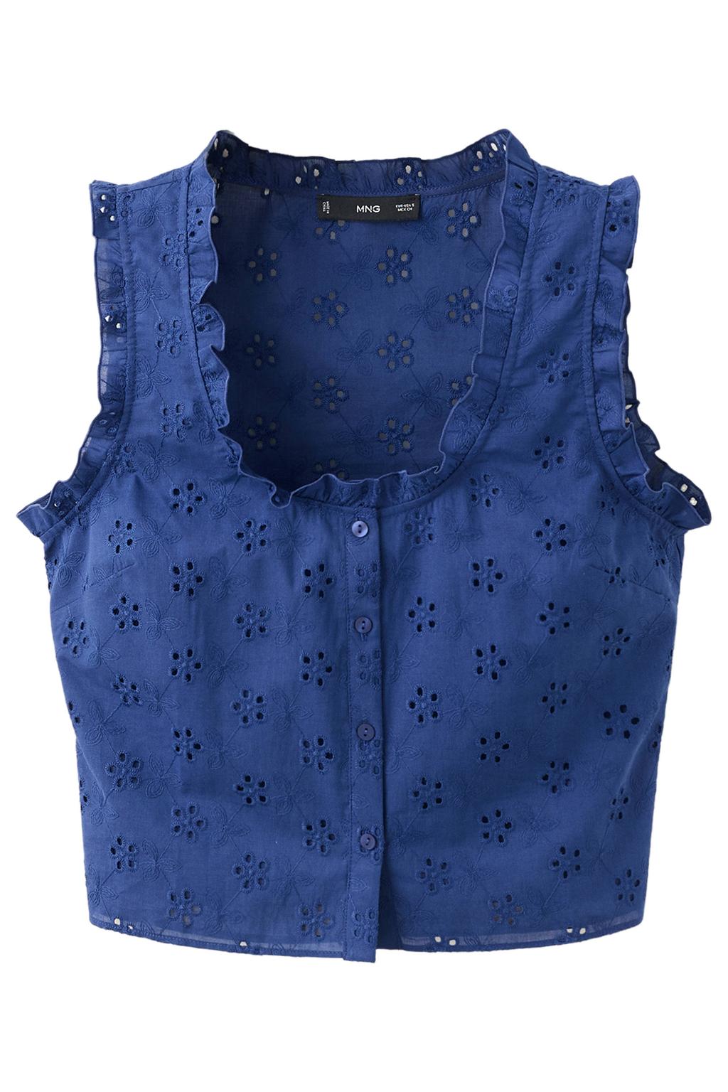 Blauwe dames Mango katoenen broderie top met vierkante hals