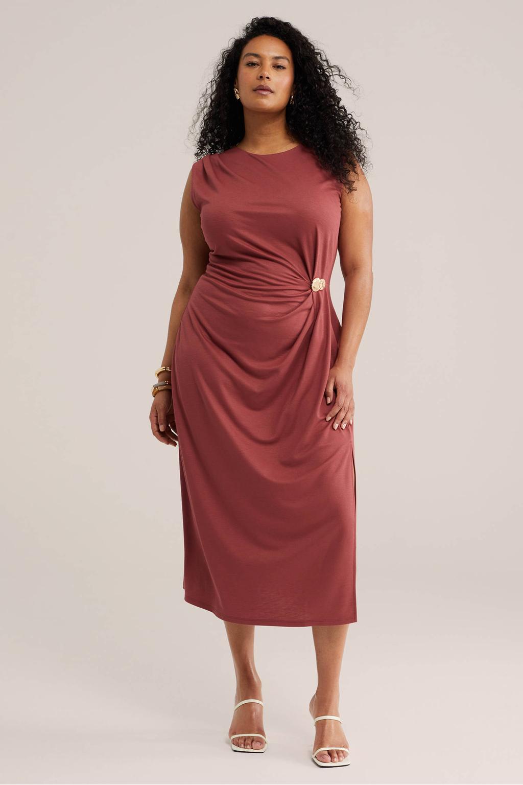 Oudroze dames WE Fashion Curve midi jurk Plus Size van jersey met effen, korte mouwen en knoopdetail