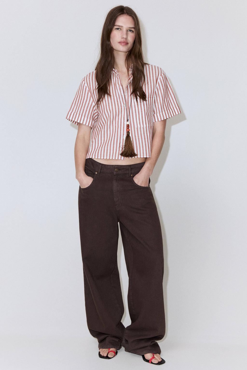 Donkerrood en ecru dames Mango blouse en linnen met strepenprint, driekwart mouwen, klassieke kraag en knoopsluiting