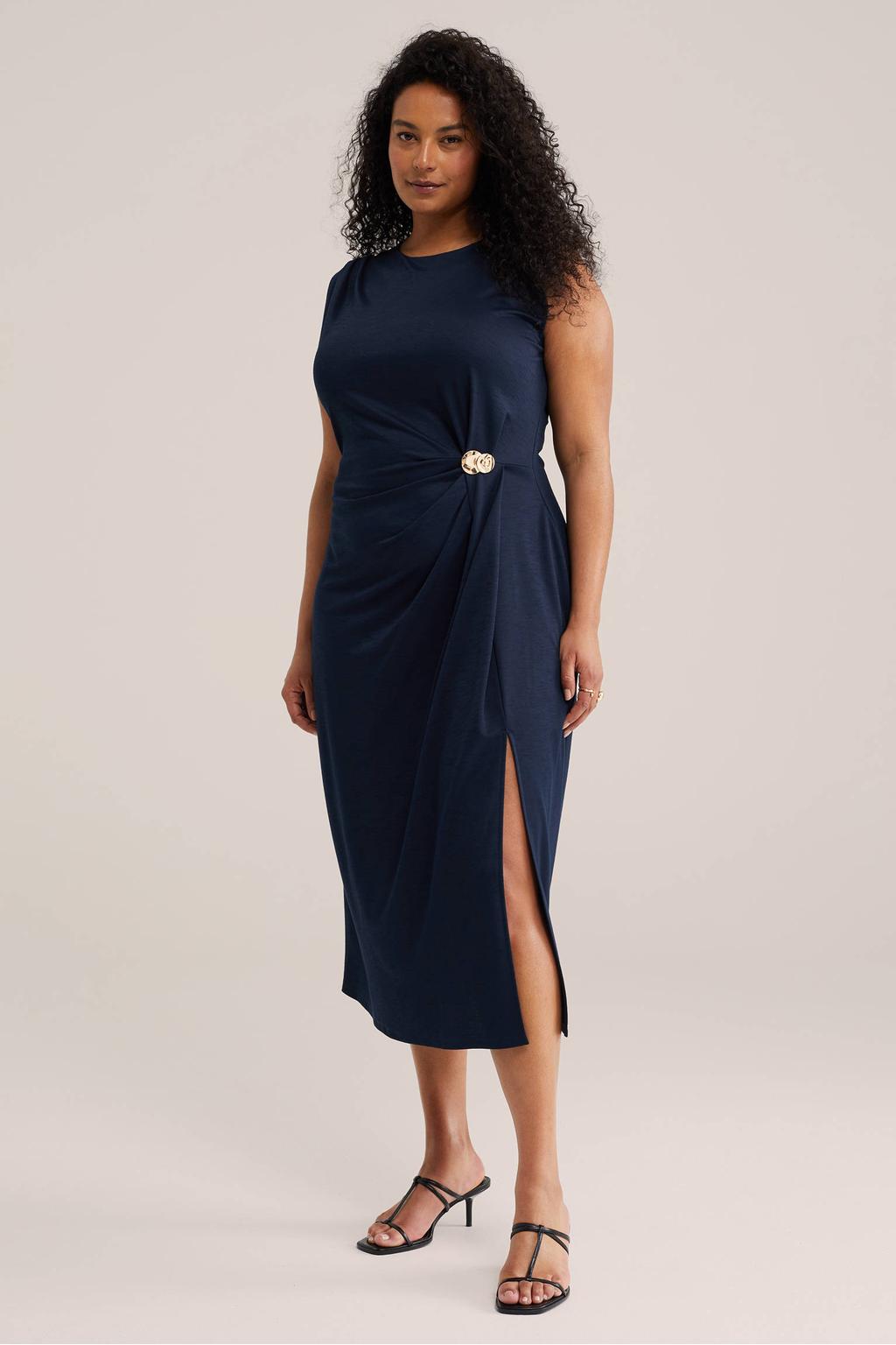 Donkerblauwe dames WE Fashion Curve midi jurk Plus Size van jersey met effen en korte mouwen