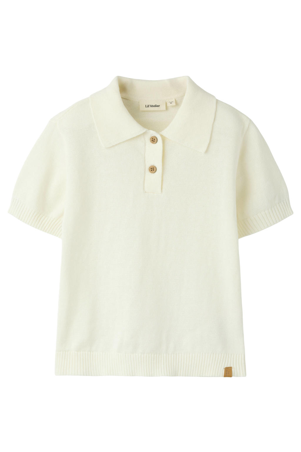 Ecru jongens LIL' ATELIER MINI polo fijn gebreid van katoen met effen, korte mouwen en knoopsluiting