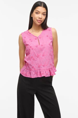 katoenen top met borduursels en print - lichtroze