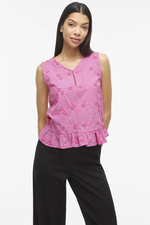 katoenen top met borduursels en print - lichtroze
