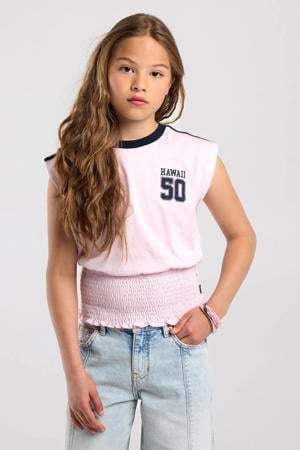 mouwloze top met smockwerk en print - roze