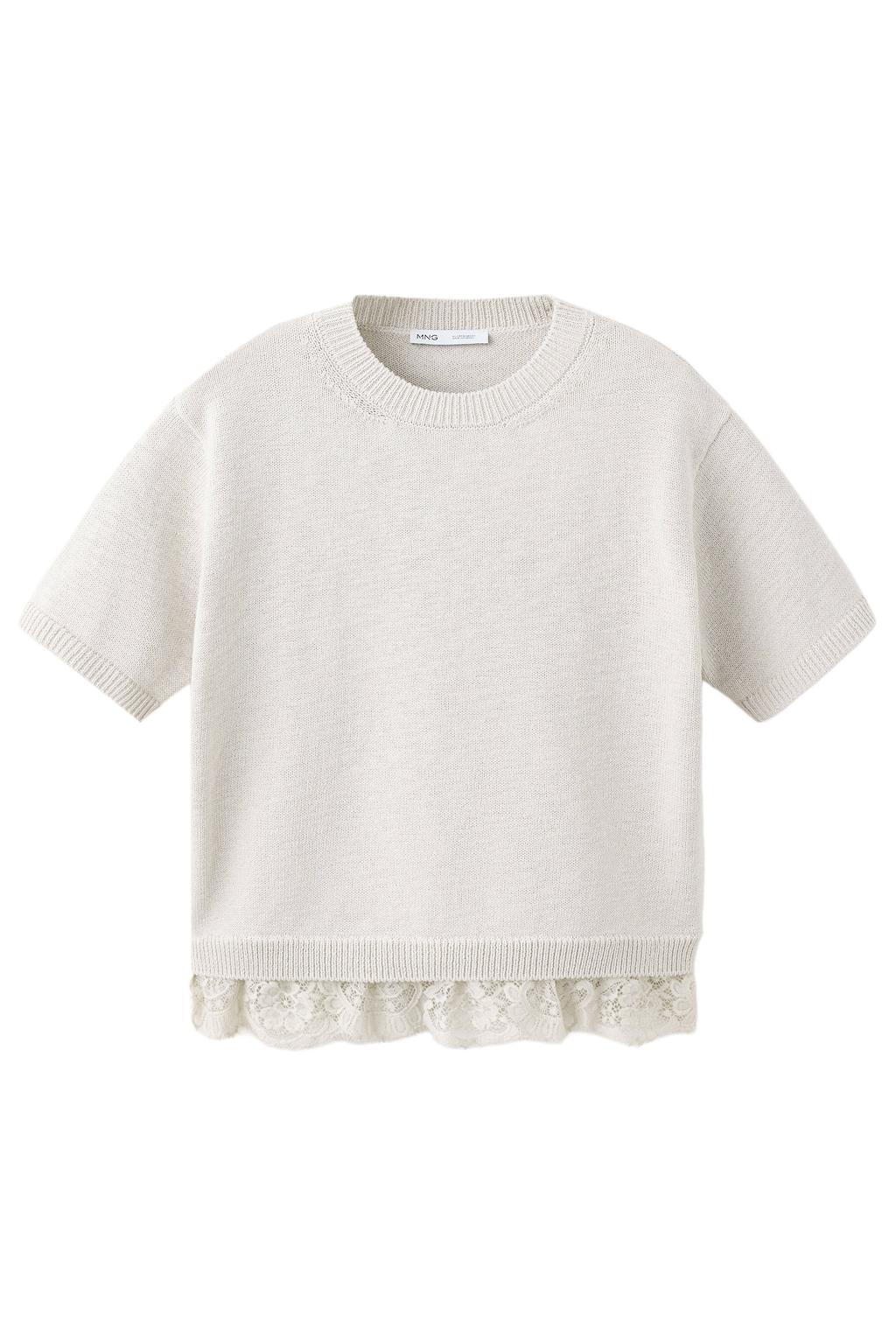 Lichtgrijze dames Mango gebreide trui mouwen van polyester met effen, driekwart mouwen en ronde hals