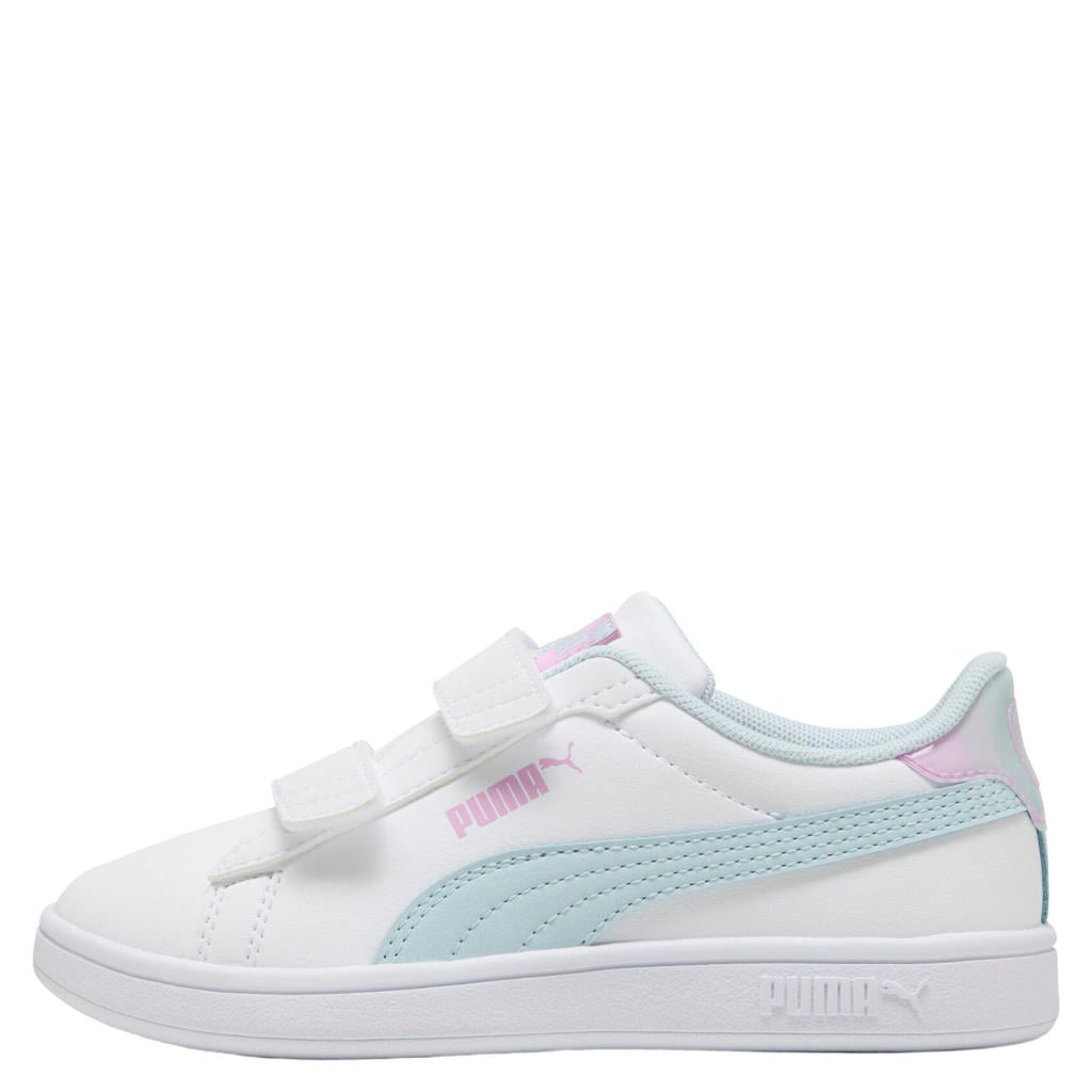 Wit en lichtblauwe jongens en meisjes Puma Smash 3.0 sneakers - van imitatieleer/voering: mesh/voetbed: eva met klittenband