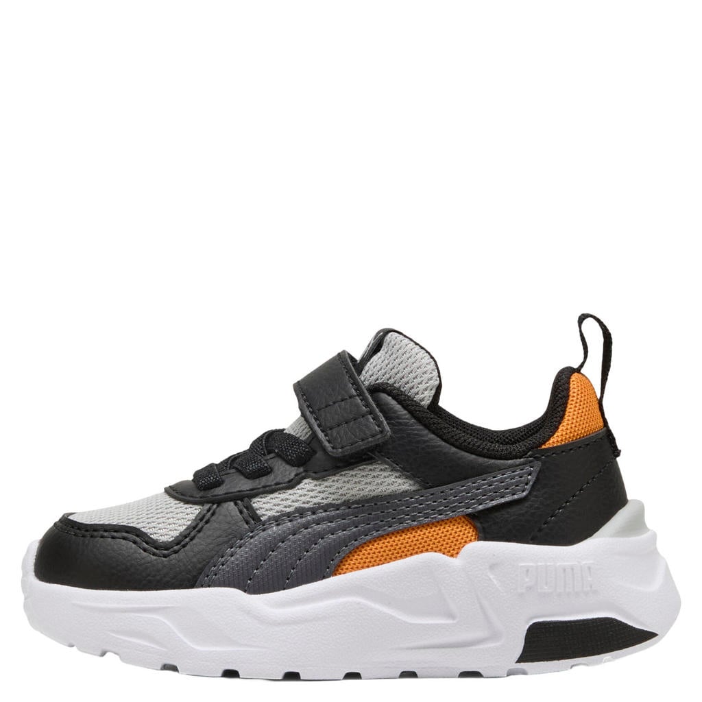 Grijs, zwart en oranje jongens en meisjes Puma Trinity 4 LT imitatieleren sneakers - met klittenband