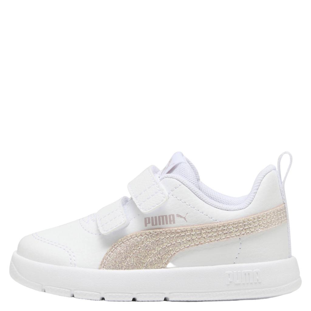 Wit en lichtroze jongens en meisjes Puma Courtflex V3 imitatieleren sneakers - met klittenband