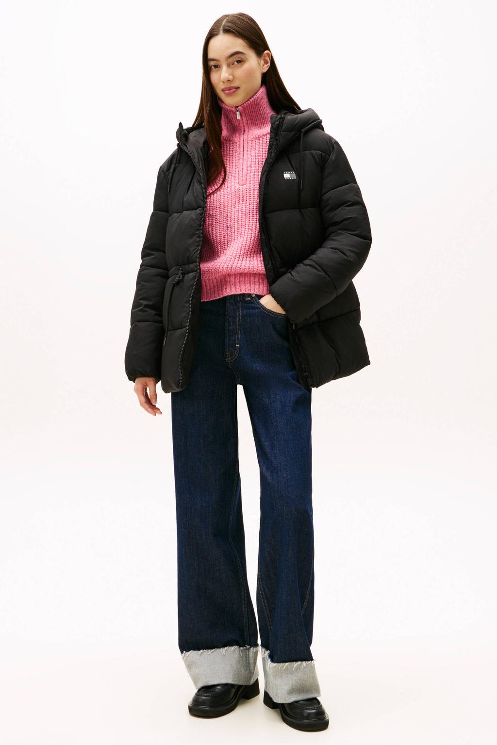 Zwarte dames Tommy Jeans gewatteerde winterjas van polyester met logo dessin, lange mouwen en capuchon