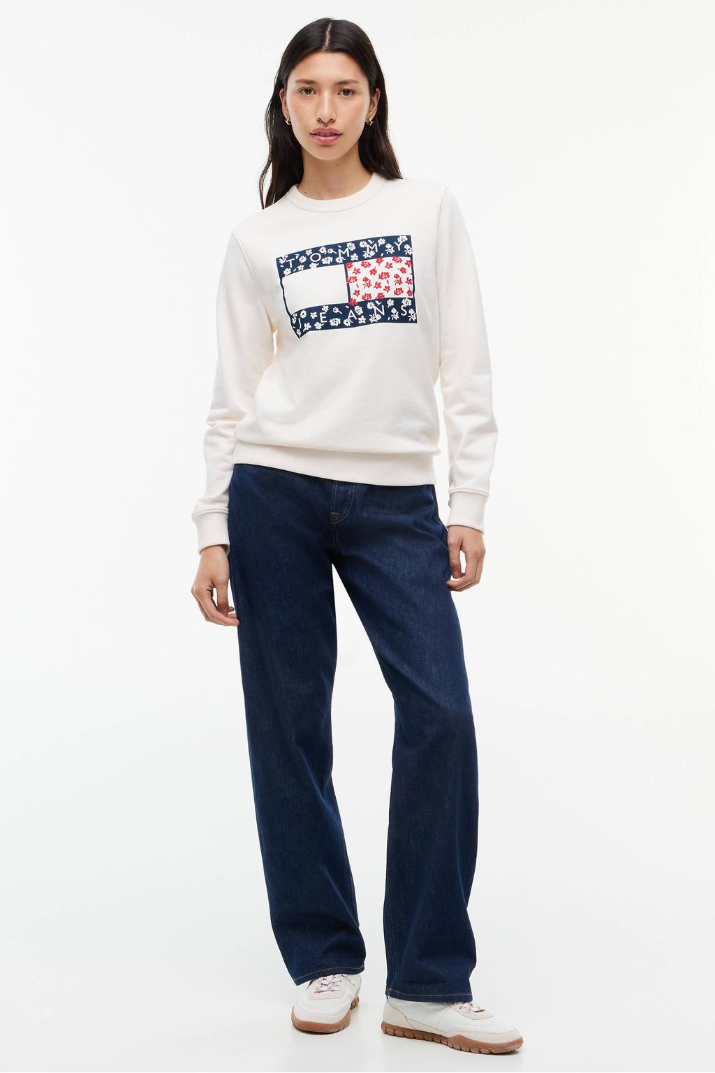 Ecru en donkerblauwe dames Tommy Jeans trui van katoen met printopdruk, lange mouwen en ronde hals