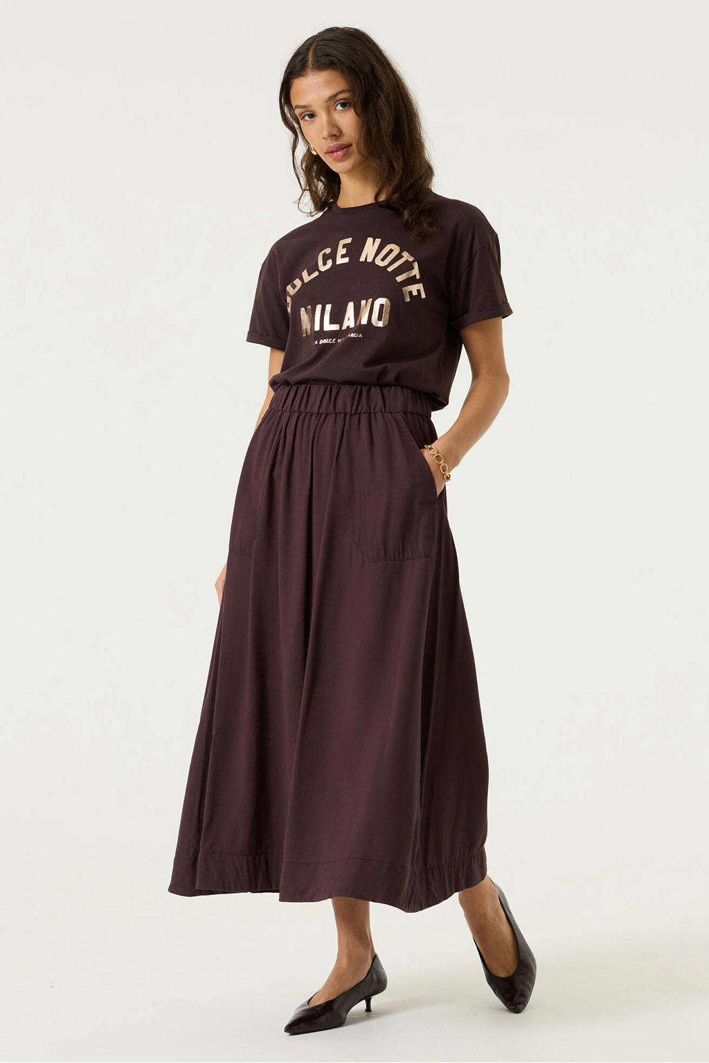 Bruin en gouden dames Garcia T-shirt van katoen met printopdruk, korte mouwen en ronde hals