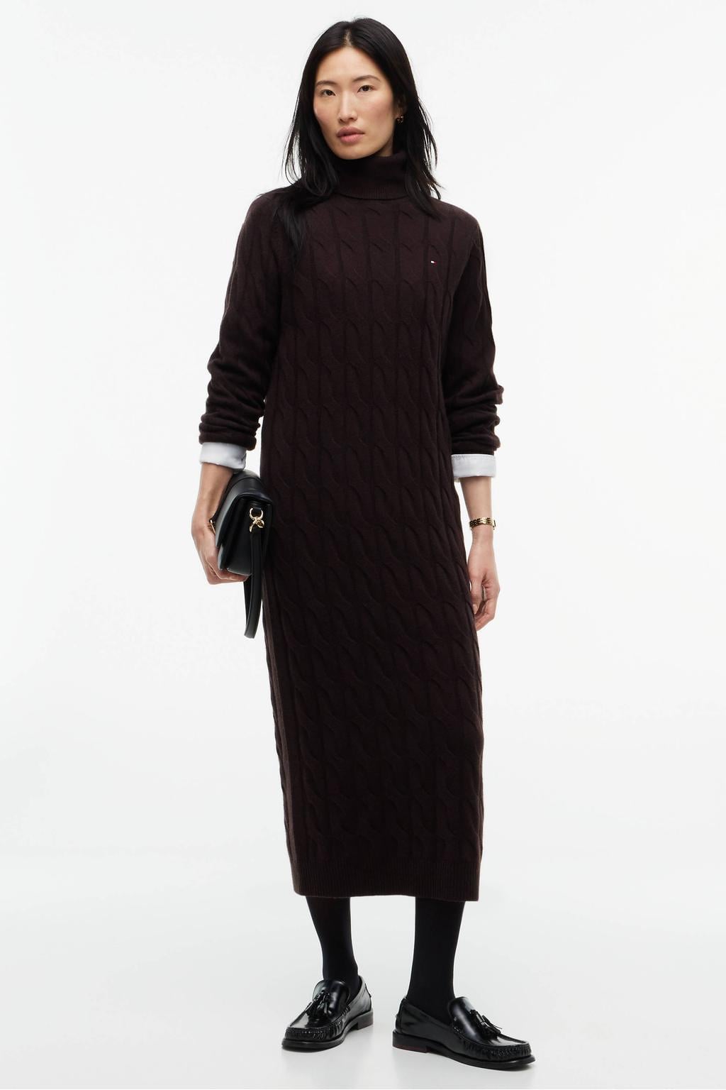 Tommy Hilfiger wollen gebreide midi jurk met kabels - donkerbruin