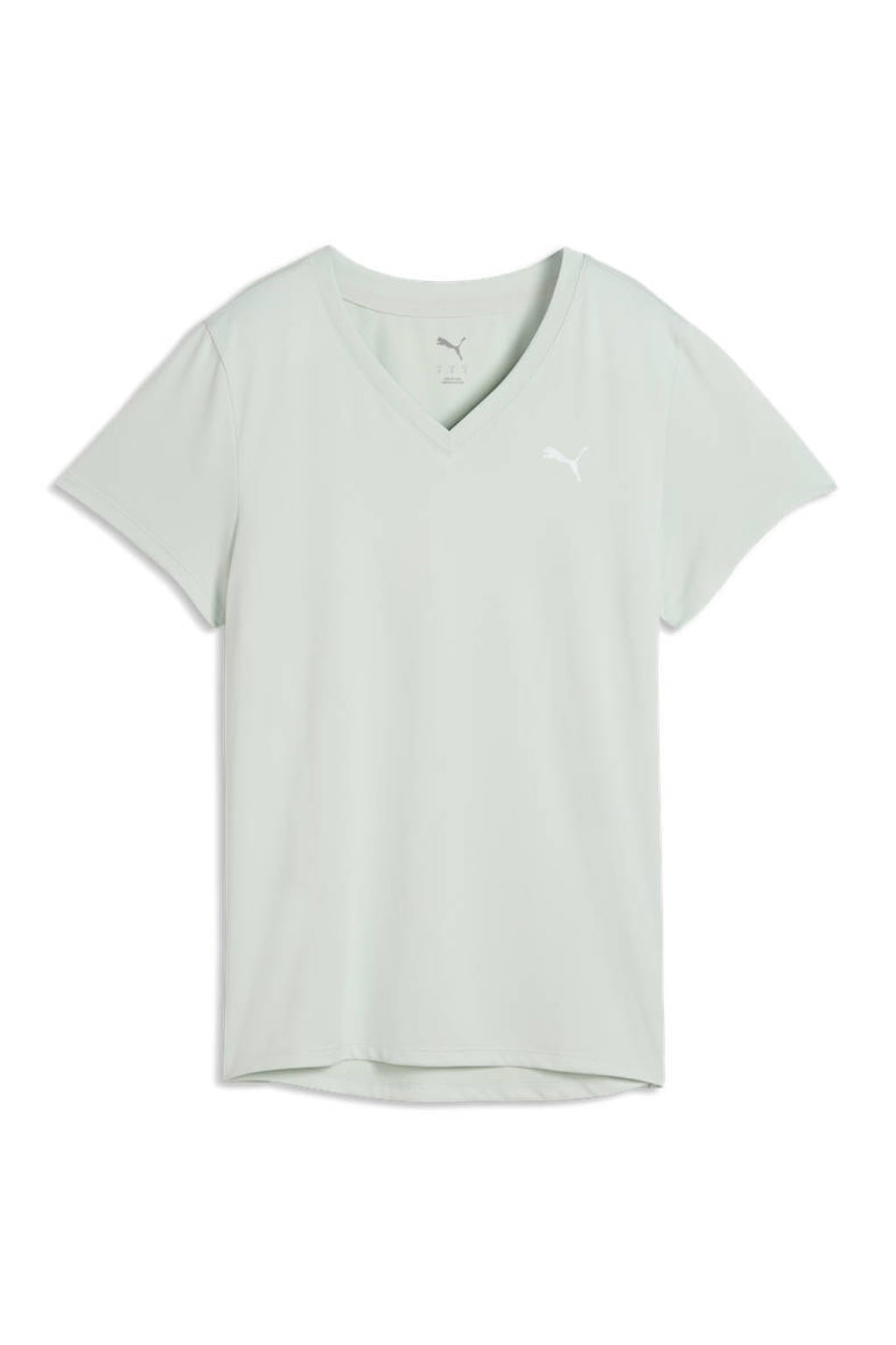 Mintgroene dames Puma Tad essential sportshirt van katoen met effen, korte mouwen en V-hals