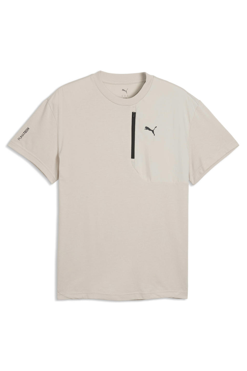 Beige heren Puma sport T-shirt van nylon met logo dessin, korte mouwen en ronde hals