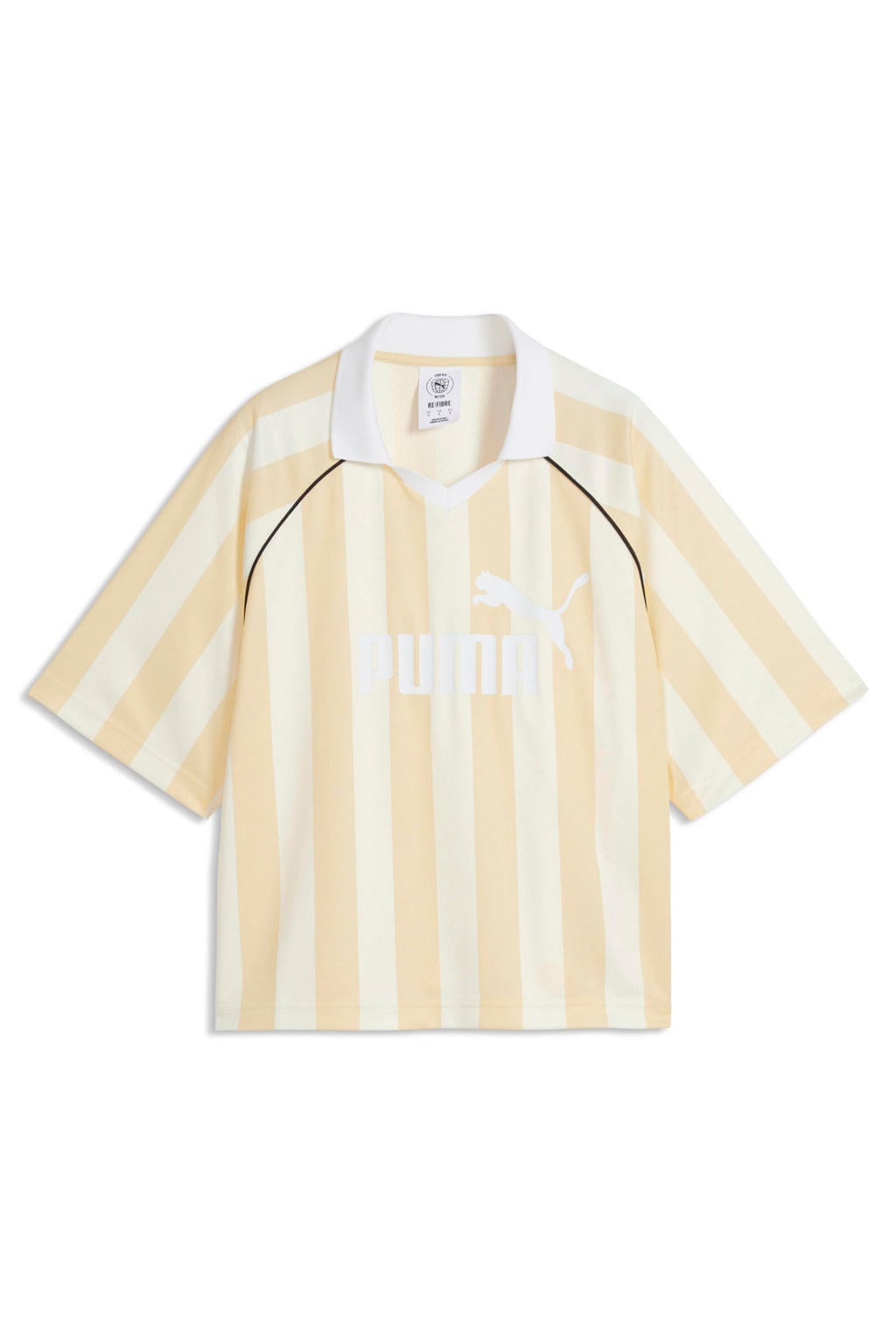 Geel en witte dames Puma Essential gestreept T-shirt van polyester met korte mouwen en V-hals