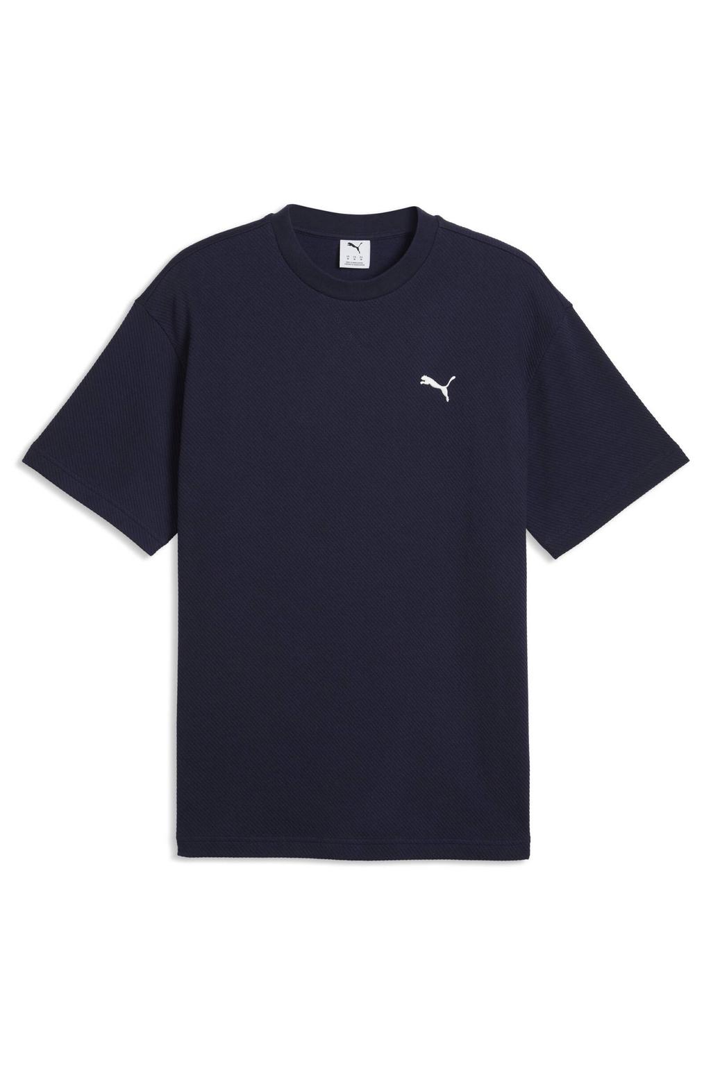 Donkerblauwe heren Puma Essential Elevated regular fit T-shirt van katoen met logo dessin, korte mouwen en ronde hals