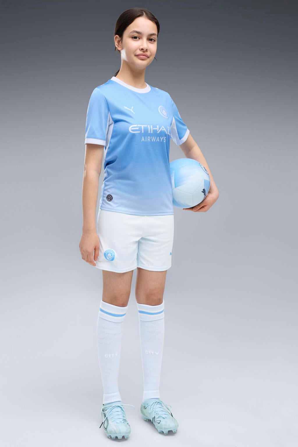 Puma junior manchester city voetbalshort thuis - wit/lichtblauw