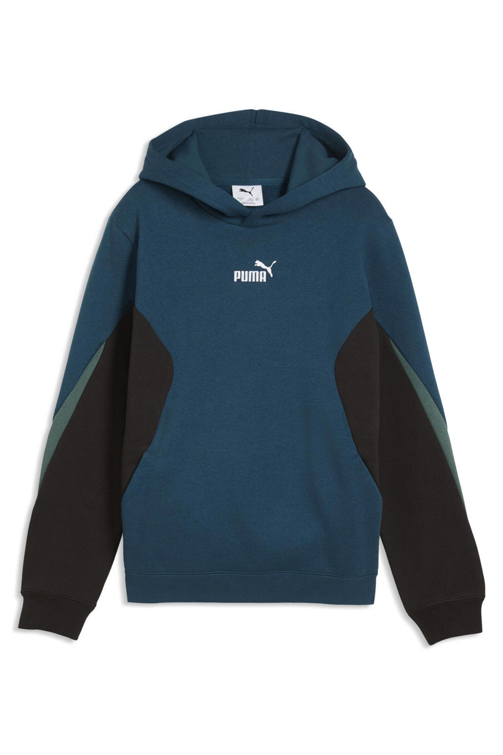 Petrol en zwarte jongens en meisjes Puma Essential Block sweater van katoen met meerkleurige print, lange mouwen en capuchon