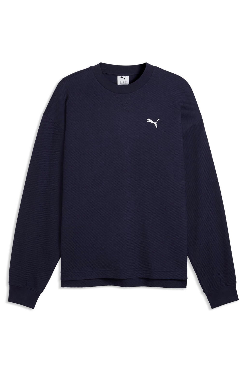 Donkerblauwe heren Puma Essential Elevated sweater met effen, lange mouwen en ronde hals