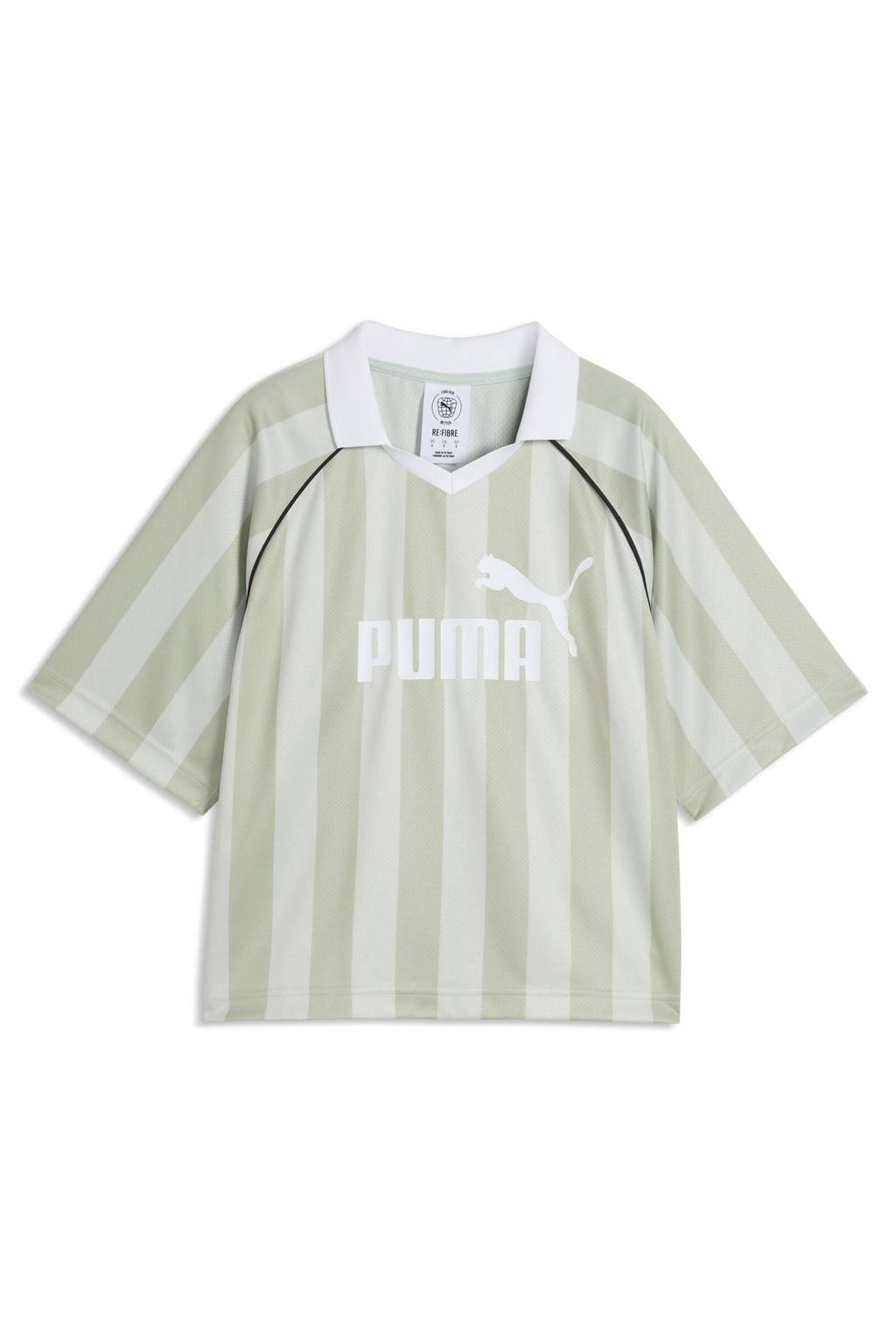 Groen en witte dames Puma essential gestreept T-shirt van polyester met korte mouwen en V-hals