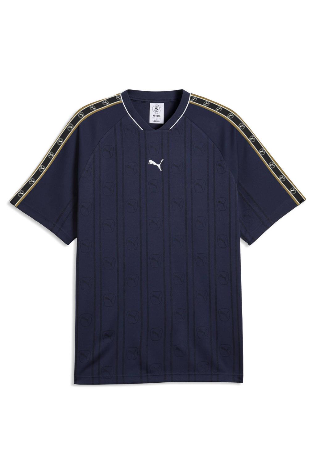 Blauwe heren Puma Class Relaxed regular fit T-shirt van polyester met effen, korte mouwen en V-hals