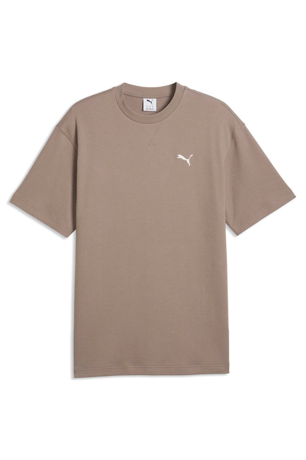 Beige heren Puma Essential Elevated regular fit T-shirt van katoen met logo dessin, korte mouwen en ronde hals