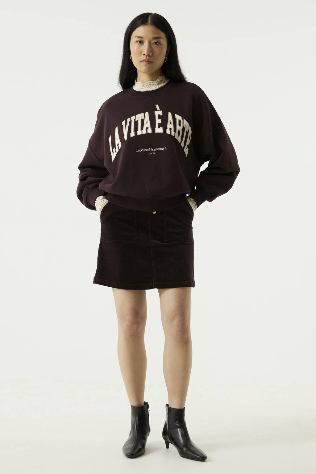 Bruine dames Garcia sweater van katoen met printopdruk, lange mouwen en ronde hals