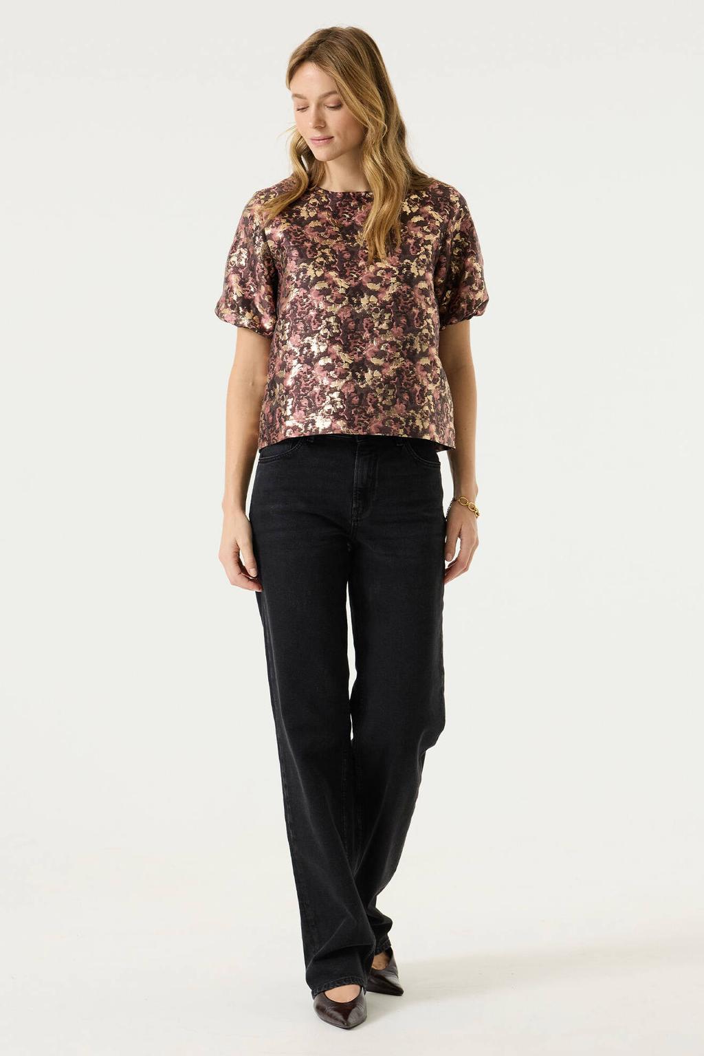 Roze dames Garcia gebloemde top van polyester met korte mouwen en ronde hals