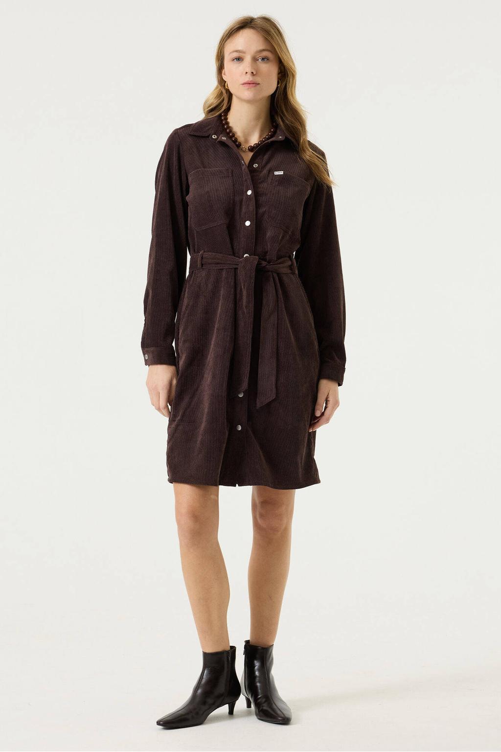 Bruine dames Garcia corduroy jurk van polyester met effen, lange mouwen, klassieke kraag en knoopsluiting