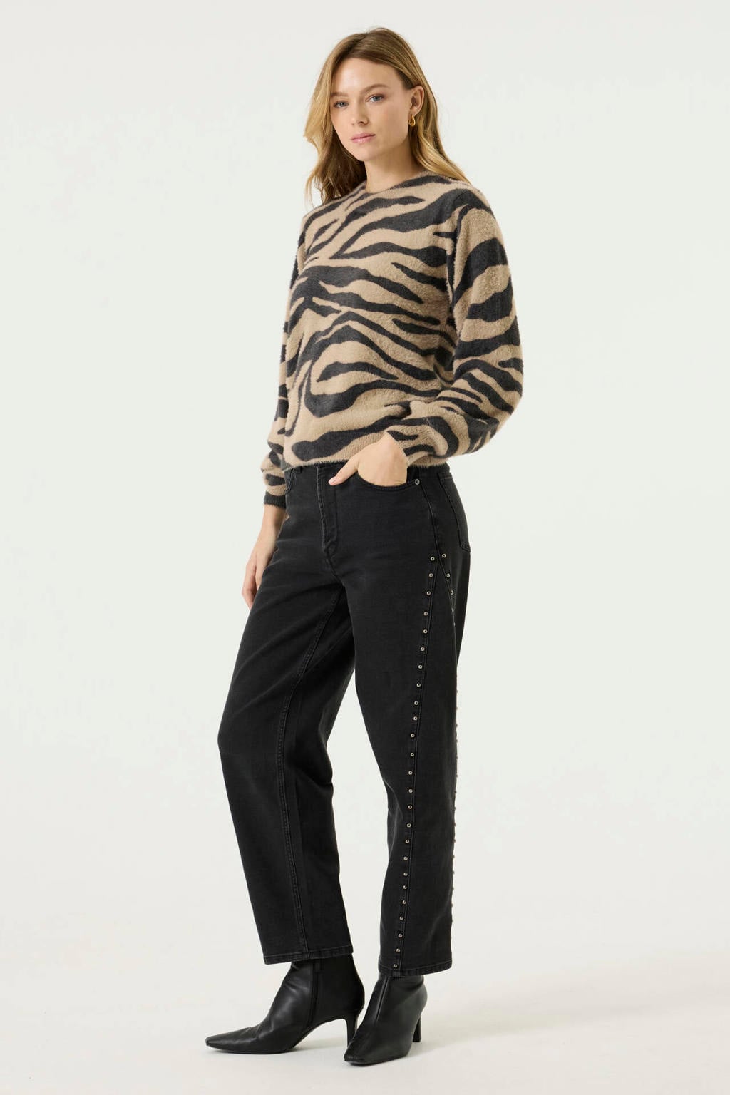 Beige dames Garcia trui van polyamide met zebraprint, lange mouwen en ronde hals