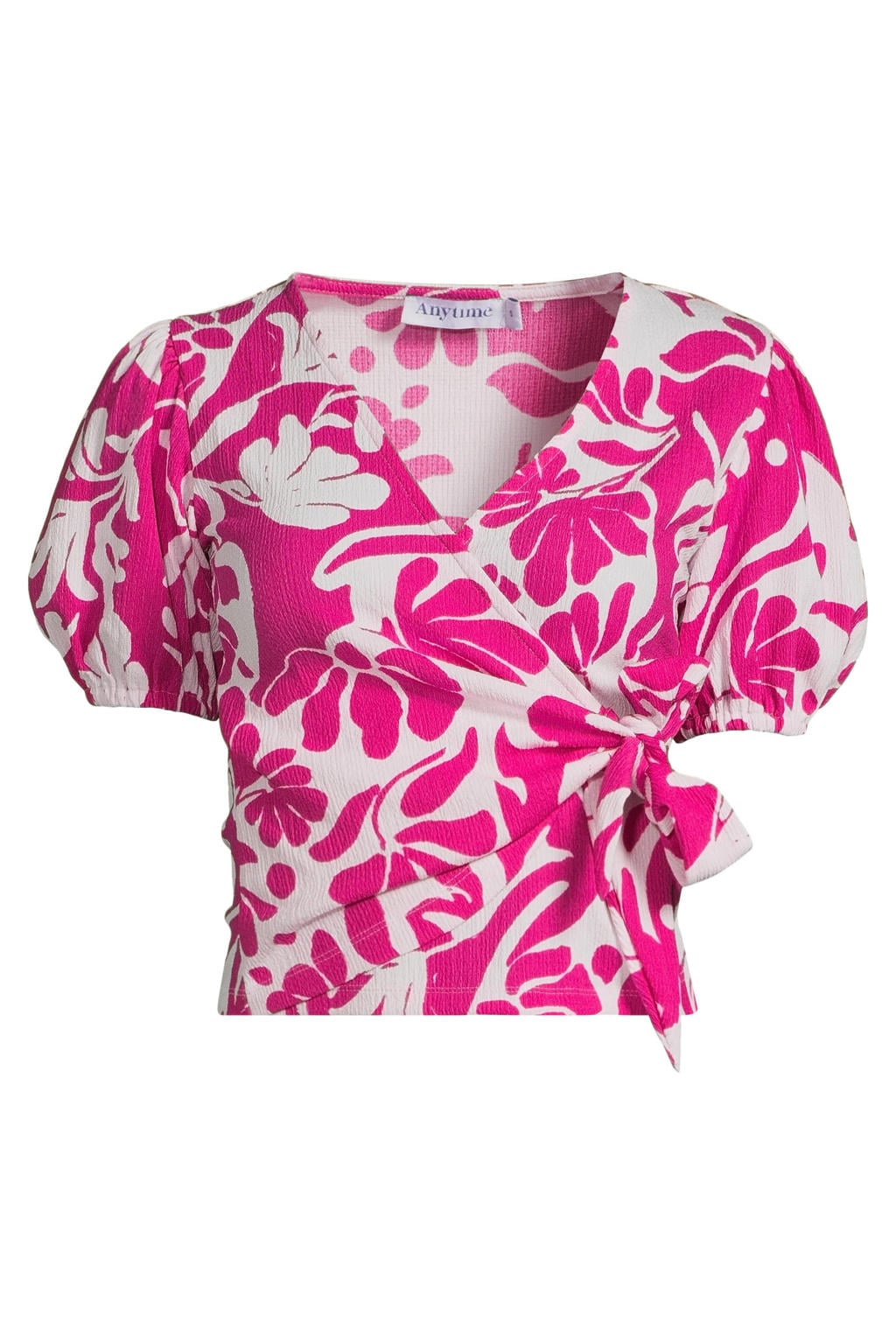 Fuchsia dames Anytime crinkle overslagtop van polyester met effen en korte mouwen