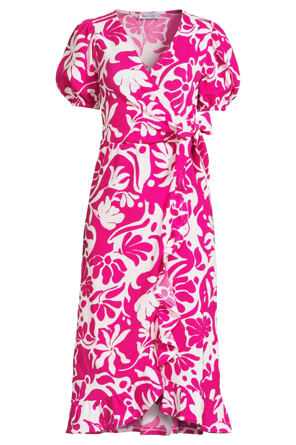 Fuchsia dames Anytime crinkle midi overslagjurk van polyester met bloemenprint en korte mouwen
