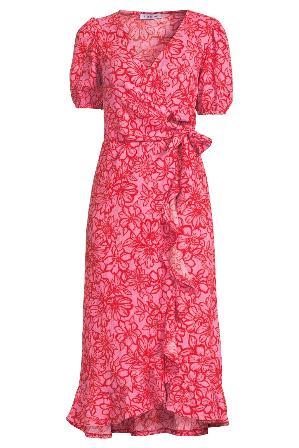 Rood en roze dames Anytime crinkle midi overslagjurk van polyester met bloemenprint en korte mouwen