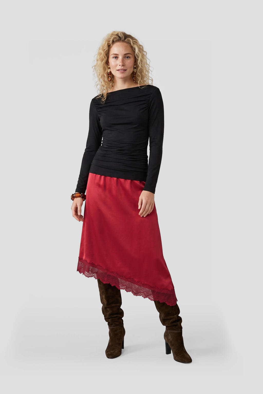 Anytime satijnen asymmetrische midi rok donkerrood