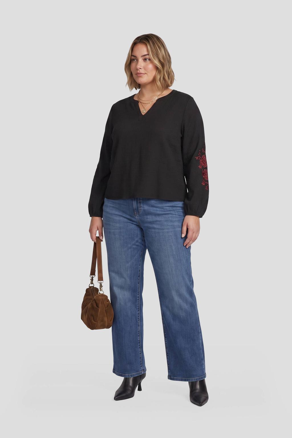 Zwart en rode dames GREAT LOOKS crinkle top van polyester met effen, lange mouwen, V-hals en borduursels