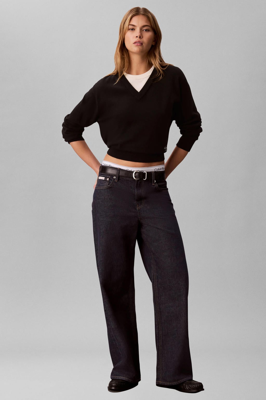 Dark blue denim dames CALVIN KLEIN JEANS low waist baggy jeans van denim met rits- en knoopsluiting en effen