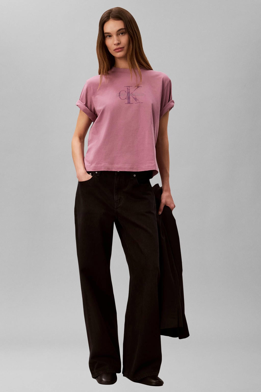 Oudroze dames CALVIN KLEIN JEANS T-shirt van katoen met logo dessin, korte mouwen en ronde hals