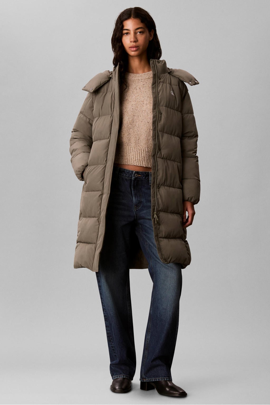 Groene dames CALVIN KLEIN JEANS gewatteerde winterjas van polyester met logo dessin, capuchon en ritssluiting