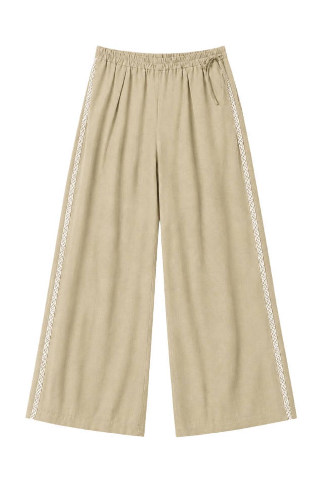 Beige dames Elvira Collections regular fit broek van modal met elastische tailleband en effen