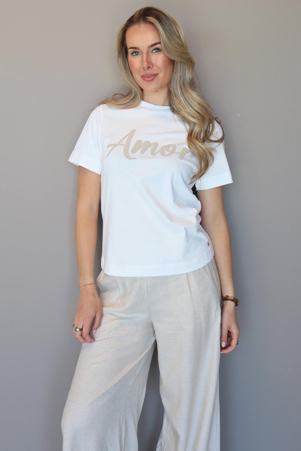 Wit en taupe dames Elvira Collections T-shirt en tekst met printopdruk, korte mouwen en ronde hals