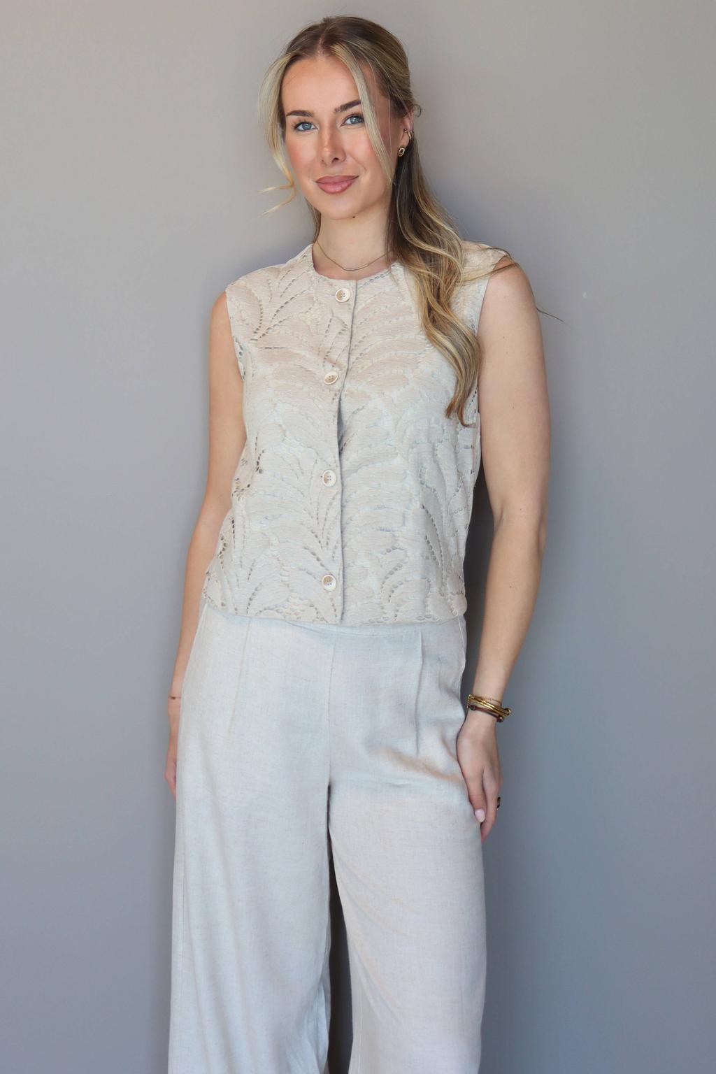 Beige dames Elvira Collections top met bladprint, ronde hals en kant