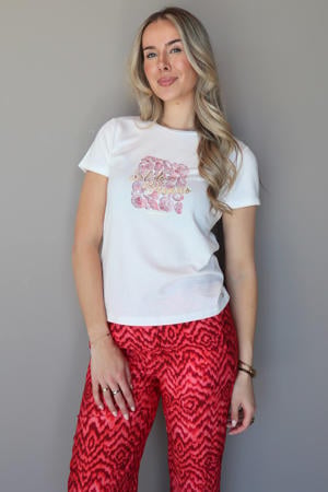 rechtvallend T-shirt met print - wit