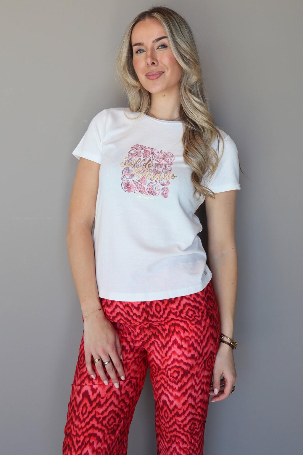 Wit en roze dames Elvira Collections rechtvallend T-shirt van viscose met printopdruk, korte mouwen en ronde hals