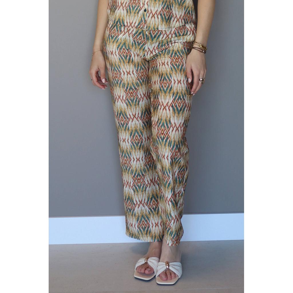Groen en ecru dames Elvira Collections regular high waist broek van viscose met elastische tailleband