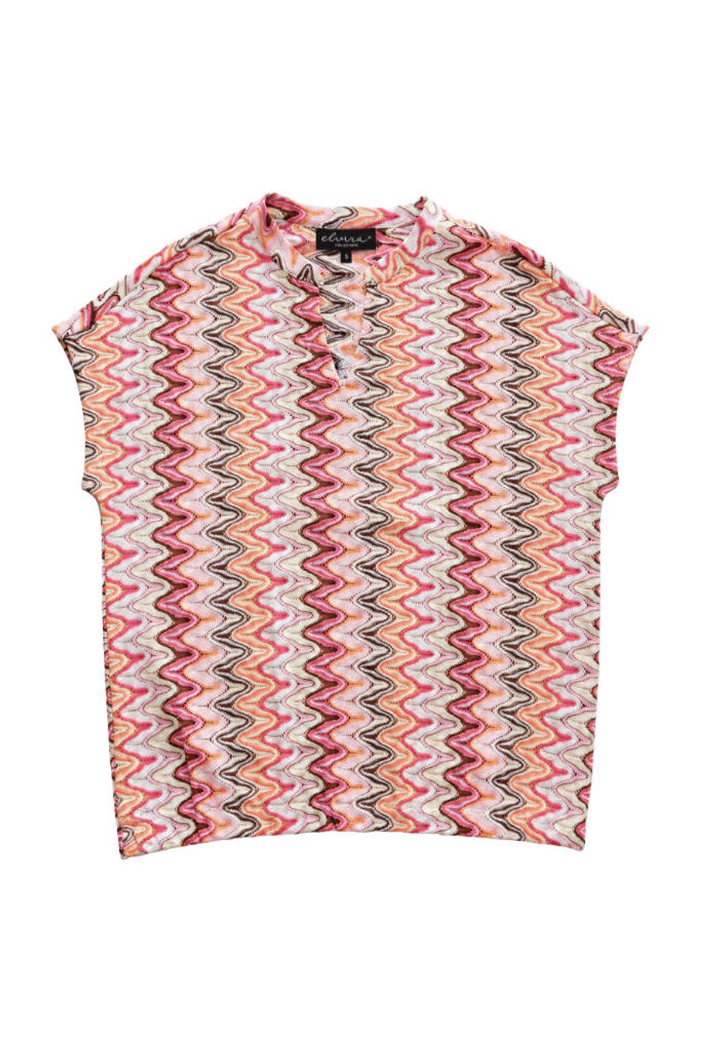 Roze dames Elvira Collections top van polyester met grafische print, korte mouwen, V-hals en lurex